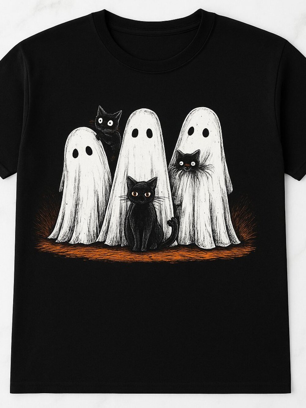 Ghosts and Black Cats Halloween Graphic Tee Black Spooky Cat Lover Unisex Shirt